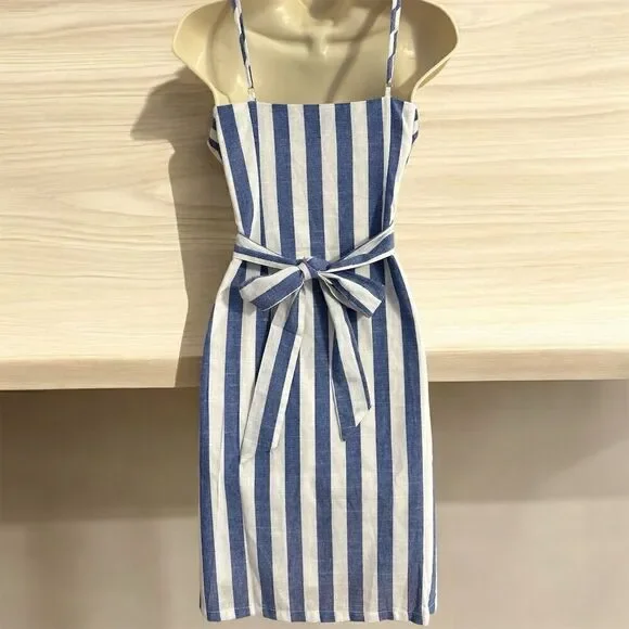Davi & Dani Blue White Striped Sleeveless Waist Tie Belt Seam Pockets Wrap Dress - Picture 3 of 11